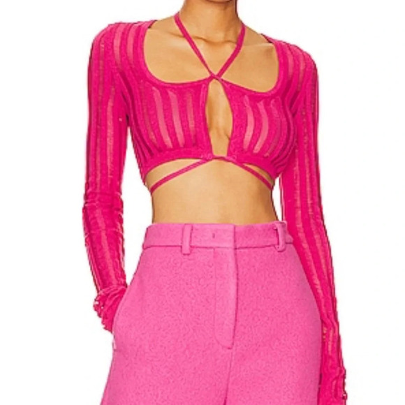 Lovers + Friends Revolve Marissa Sheer Rib Long Sleeve Micro Crop Hot Pink NWT - Picture 1 of 4